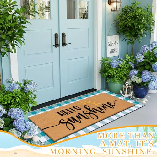 Tinideya 2 Pcs Summer Door Mat 17"x47" Hello Sunshine Welcome Non Slip Coir Blue White Plaid Buffalo Mats Large Floor Layering Doormats Seasonal for Front Porch Entryway Decor(Hello Sunshine)