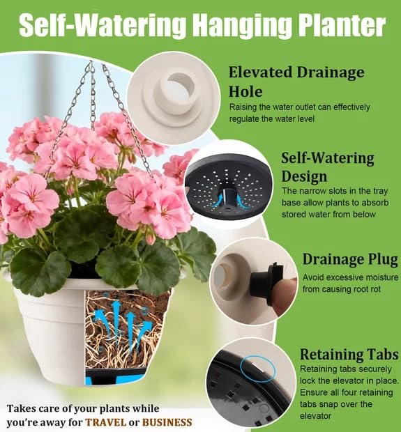 RooTrimmer Hanging Planters 10 Inch, 4 Pcs Flower Pots with Drainage Hole, Self Watering Hanging Basket for Indoor Outdoor Plants, Decor, White - color: White, size: 10 Inch-4P