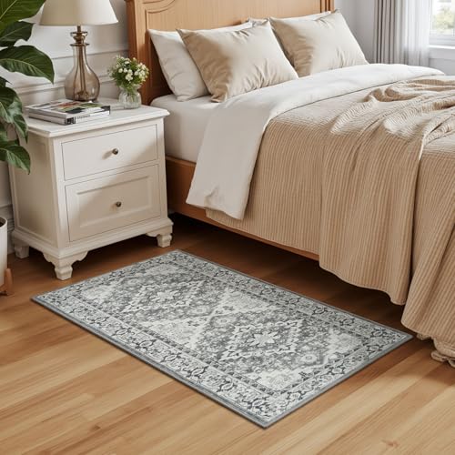 Lessymo 2 x 4 Entryway Rug, Machine Washable Area Rugs Boho Faux Wool Low Pile Area Rug for Bedroom, Floral Medallion Vintage Outdoor Rugs with Non-Slip Rubber, Grey Beige - color: Grey Beige, size: 2' x 4' (Runner)