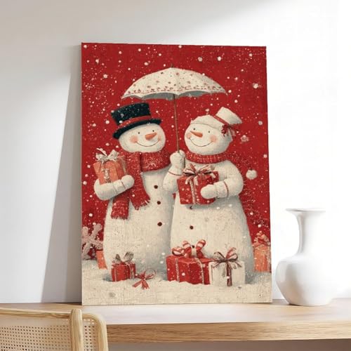 JDBeehpy Snowman Couple Holding Gifts Under Umbrella Frameless Canvas Print Poster Christmas Wall Artwork Painting Warm, Holiday Home Decor Mural 08x12inch(20x30cm) - color: Umbrella Unframe, size: 12L" x 8W"