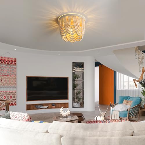 Bohemian Wood Beaded lamp 3-Light recessed Mounted Ceiling lamp Primary Color Antique Rustic mini Chandelier for Dining Room, Bedroom, Girl Room，Nursery, Hallway, Entrance, Passageway - color: Natural