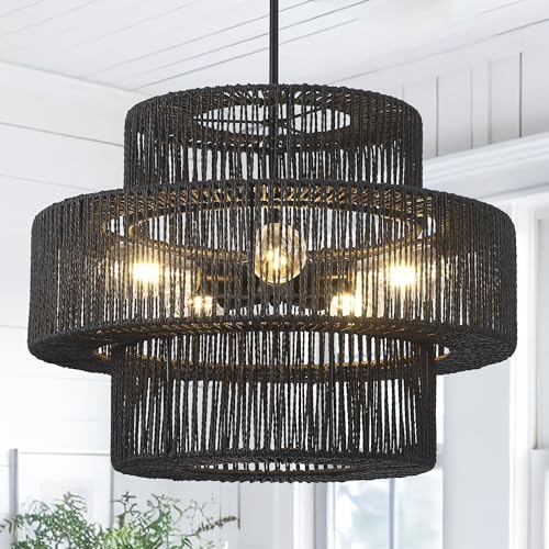 22" Black Boho Rattan Chandelier Light Fixture Hand Woven Farmhouse Pendant Lighting Rustic Boho Chandeliers for Dining Room Living Room Hallway Foyer 5 Lights - color: Black, size: 22 Inch