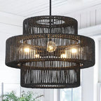 22" Black Boho Rattan Chandelier Light Fixture Hand Woven Farmhouse Pendant Lighting Rustic Boho Chandeliers for Dining Room Living Room Hallway Foyer 5 Lights - color: Black, size: 22 Inch