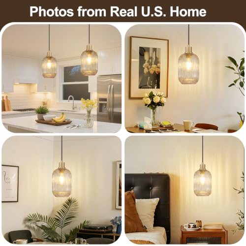 2 Pack Amber Cylinder Pendant Lights Kitchen Island with Ribbed Lampshade, Brushed Gold Hanging Light Fixture, Adjustable Pendant Lighting for Kitchen Island Sink Dining Room (Bulbs Not Included) - color: 2 Pack Brushed Gold + Amber Glass