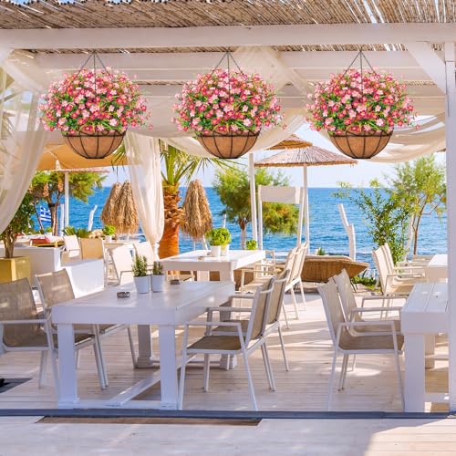 Ouddy Decor Artificial Hanging Flowers with Basket, Faux Silk Flowers in Coconut Lining Basket, Spring Summer Outdoor Decor Fake Hanging Plants for Garden Patio Yard Porch Lawn, Pink - color: Pink