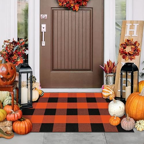 Buffalo Plaid Rug Small Checkered Rug 2x3 Orange and Black Front Door Mat, Christmas Halloween Thanksgiving Washable Fall Doormat Cotton Outdoor Rug for Front Porch Entryway Patio Bathroom - color: Black and Orange, size: 2‘×3’
