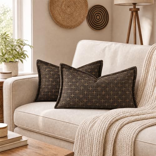 AVOIN colorlife Pack of 2 Decorative Throw Pillow Covers 20x12 Inch, Flange Edges Woven Textured Cushion Case Home Decor for Couch Sofa Bed Living Room Dark Coffee - color: Dark Coffee, size: 20" x 12" (Pack of 2)