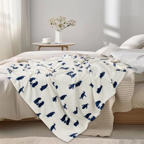 MACEVIA Flannel Fleece Penguin Throw Blanket, Cute & Soft for Bed, Sofa, Travel & Camping, 260GSM (Navy, 50"x60") - color: Penguin Print Navy, size: Flannel Fleece (50x60 IN)