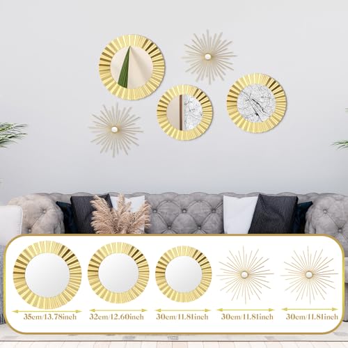 MorningRo 5 Pack Gold Metal Mirrors for Wall Gold Starburst Sunburst Wall Decor Set Metal Round Mirrors Decor Hanging Art Circle for Living Room Bathroom Bedroom Modern Decorative Gifts