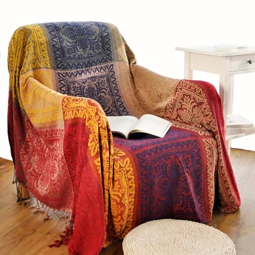 amorus Bohemian Throw Blankets Chenille Jacquard Tassels Soft Chair Cover for Bed Couch Decorative Sofa Throw Blankets - Colorful Tribal Pattern (Red, 60x75 Inches) - color: Colorful Tribal Pattern, size: 60 x 75 in