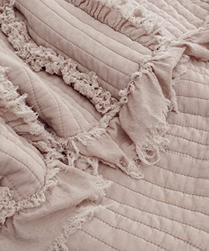 Ultra Soft Pre-Washed Quilted Throw Blanket, Ruffle Fringed Dusty Rose Pink Decorative Throw, Stone Washed Chic Rustic Blanket for Sofa Couch Bed Chair, 50"x 60" - color: Dusty Rose, size: 50"x60"