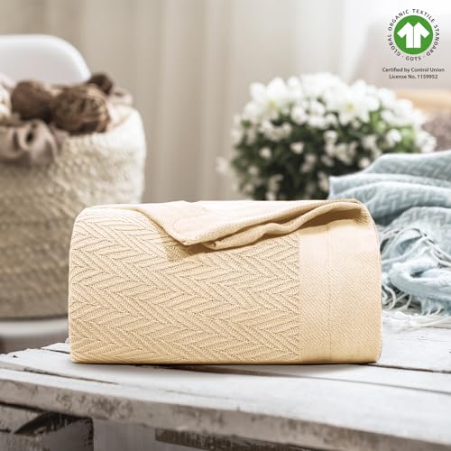 THREAD SPREAD Organic GOTS Certified Cotton Blanket, Twin/Twin XL - 350 GSM, Antistatic, Fuzzy Soft, Lightweight, Sofa, Camping & Travel, All-Season Herringbone Throw, Biege + Stylish Bonus Tote Bag - color: Herringbone - Beige, size: Twin / Twin XL