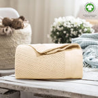 THREAD SPREAD Organic GOTS Certified Cotton Blanket, Twin/Twin XL - 350 GSM, Antistatic, Fuzzy Soft, Lightweight, Sofa, Camping & Travel, All-Season Herringbone Throw, Biege + Stylish Bonus Tote Bag - color: Herringbone - Beige, size: Twin / Twin XL
