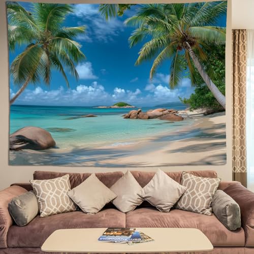 keowhsf Beach Summer Ocean Tapestry – Tropical Palm Trees Wall Hanging Decor with Blue Sky and Seaside Scenery, Nature Landscape Tapestry for Bedroom Living Room Dorm - color: SummerBeach, size: 48"L x 36"W