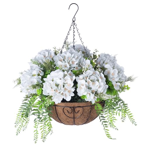 Ammyoo Artificial Flowers in Hanging Basket Planter for Home Spring Summer Decoration, Silk Hydrangea Outdoor Indoor Arrangements, 12" Metal Coconut Lining Basket with Faux Plant(Light Green) - color: Z-light Green With Basket