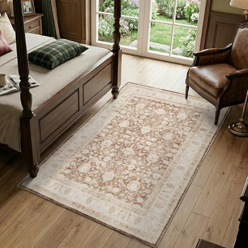 jinchan 4x6 Washable Vintage Area Rug, Distressed Traditional Floral Dining Room Rug, Soft Low-Pile Non-Slip Floor Mat for Bedroom Nursery Home Office Living Room, Taupe - color: Oriental Taupe, size: 4' x 6' (Rectangular)