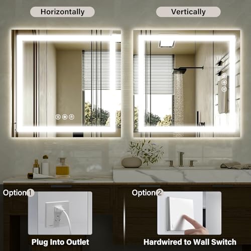 XRAMFY 36"x 36"LED Bathroom Mirror, Backlit + Front Lit, LED Bathroom Mirror with Lights for Wall, 3 Colors, Anti-Fog, Dimmable Brightness, Tempered Glass - size: 36"L x 36"W