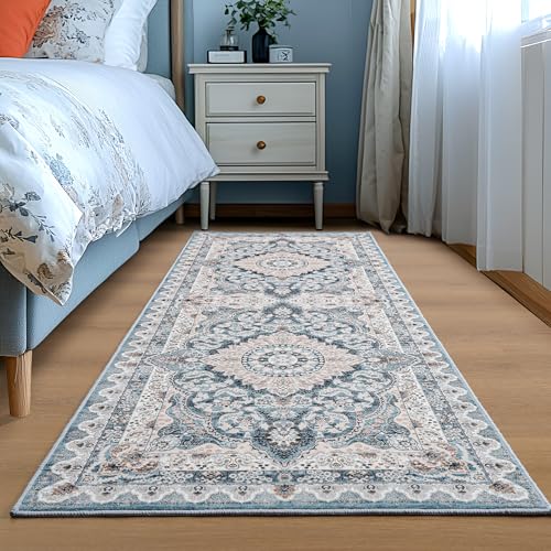 Foxmas Hallway Runner Rug, 2x6 Vintage Kitchen Runner Area Rugs Non Skid Washable, Low Pile Throw Rugs with Rubber Backing Carpet for Laundry Room Entryway Bedroom Home Decor, Blue - color: Blue, size: 2' X 6' (Runner)