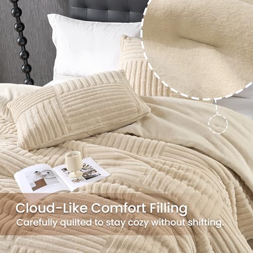 Amélie Home King Size Comforter Set with Stripe Jacquard Design, Khaki Fluffy King Bedding Set, Super Soft Plush Bedding Set,3 Pieces, 1 Soft Comforter and 2 Pillowcases - color: Stripe Patchwork Khaki, size: King (106"x90")