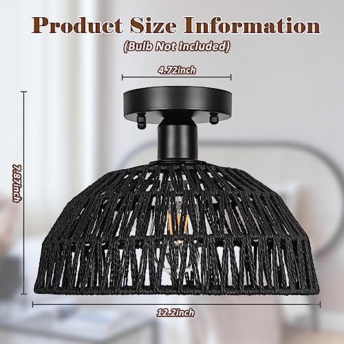 Rattan Ceiling Light Fixtures 2 Packs-Black Rustic Woven Basket Flush Mount Ceiling Light, Handmade Wicker Ceiling Lamp, Rattan Chandelier For Kitchen Island, Hallway, Living Room, Bedroom, E26 Base - color: Black