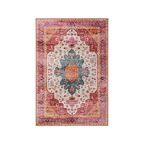 Moynesa Ultra-Thin Washable Pink Area Rug - 2x3 Small Pink Washable Bedroom Rug Entry Mat, Vintage Non-Slip Non-Shedding Low Pile Indoor Throw Carpet for Laundry Living Room Hardwood Floors Kitchen - color: Pink/Multi, size: 2' x 3'