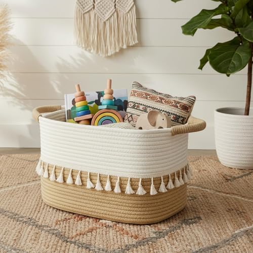 TeoKJ 2 Pack Woven Storage Bin, Cotton Rope Basket for Storage, Clothes Boho Basket Bin for Organizing, Fabric Basket for Books, Plants, Pet Treats, White & Jute - color: White & Jute, size: 2 Pack