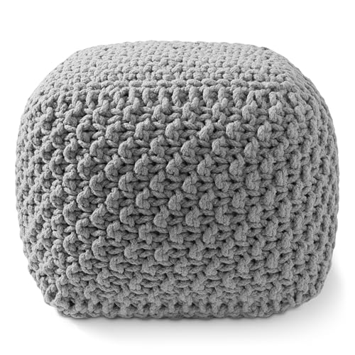Casafield Square Pouf Ottoman, Light Gray 18.5" W x 18.5" D x 14.5" H Cotton Knit Foot Stool - Boho Floor Pouffe for Living Room, Bedroom, Home Office - color: Light Gray, size: 18.5"D x 18.5"W x 14.5"H