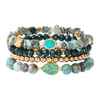 Bohemian Natural Stone Beaded Bracelets for Women Men Stackable Stretch Beads Bracelet Set with Charm and Tassel Multilayered Elastic Gemstone Bracelets Summer Beach Boho Jewelry Gift for Women - color: African Turquoise Green