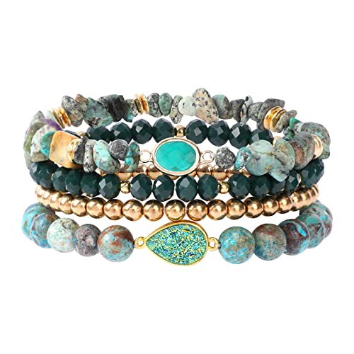Bohemian Natural Stone Beaded Bracelets for Women Men Stackable Stretch Beads Bracelet Set with Charm and Tassel Multilayered Elastic Gemstone Bracelets Summer Beach Boho Jewelry Gift for Women - color: African Turquoise Green