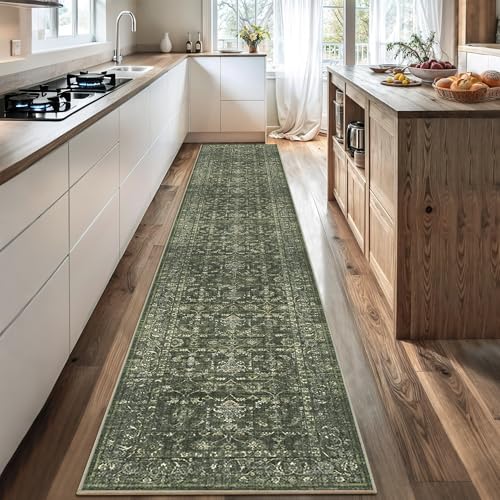 2x12 Green Runner Rug Hallway Washable Area Rugs Kitchen Vintage Boho Non Slip Long Rug Floral Carpet Indoor Retro Soft Low Pile Throw Rug for Bedroom Bathroom Laundry Dining Living Room Office - color: Dark Green, size: 2' x 12' (Runner)