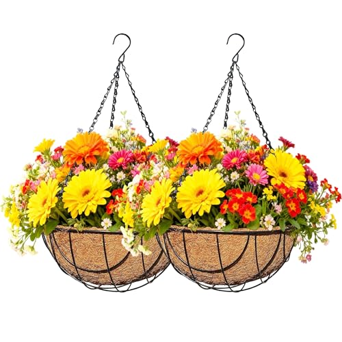 2 Pack 12 Inch Black Metal Hanging Basket Hanging Planter with Coco Coir Liner Heavy Duty Hanging Flower Pot Holder for Indoor Outdoor Patio Garden Porch Balcony Decor (Earth) - color: Earth