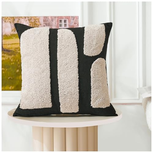 Zealax Black and Beige Boho Chunky Pillow Cover Neutral Decorative Square Throw Pillow Cover 18”x18”, Modern Abstract Tufted Pillow Case Geometric Woven Cushion Covers for Couch Bed Living Room, 1PC - size: 18" x 18" (Pack of 1)