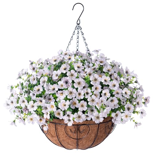 HyeFlora Artificial Fake Hanging White Plants Flowers Basket for Outdoor Fall Winter, Faux Silk Daisy in Planter Realistic UV Resistant for Christmas Outside Porch Home Patio Balcony Yard Decoration - color: Creamy White