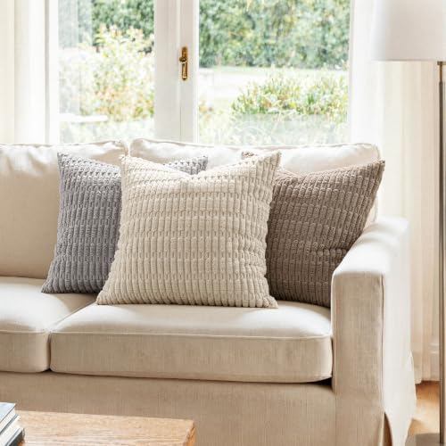 MIULEE Pack of 2 Corduroy Decorative Throw Pillow Covers 16x16 Inch Soft Boho Striped Pillow Covers Modern Farmhouse Home Decor for Sofa Living Room Couch Bed Light Brown - color: Light Brown, size: 16" x 16" (Pack of 2)