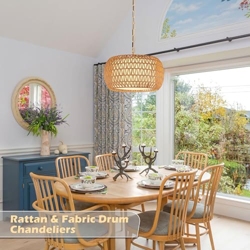 18" Rattan Farmhouse Chandeliers for Dining Room,3-Light Hand-Woven Rattan Chandelier,Fabric Shade Boho Chandelier Pendant Light fixture Drum Chandelier Hanging Lights for Bedroom Kitchen Island - color: 18"-Natural-Chain