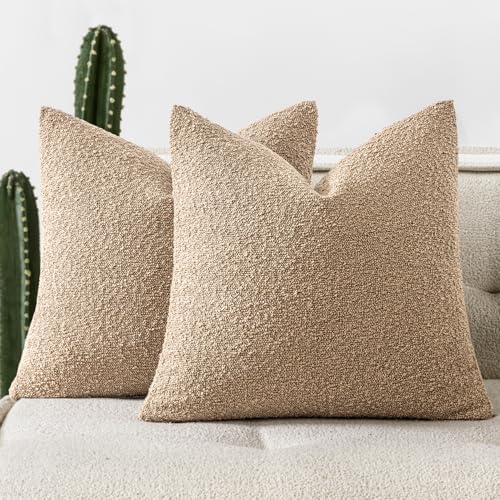 Pack of 2 18x18 Inch Decorative Boucle Throw Pillow Covers Textured Square Pillowcaes Accent Solid Cozy Soft Cushion Covers Home Decor for Sofa Couch Living Room Home Decor,Khaki - color: Khaki, size: 18" x 18" (Pack of 2)