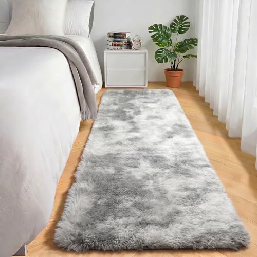 ONASAR 2x6 Runner Rugs for Bedroom Living Room, Fluffy Tie-Dyed Light Grey Bedside Hallway Throw Area Rug, Ultra Soft Plush Furry Floor Carpet Mat for Nursery Kids Dorm Closet Home Decor - color: Tie-dyed Light Grey, size: 2' x 6' (Runner)