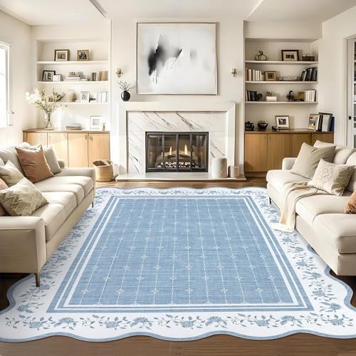 Garvee Scollaped Rugs for Living Room 5x7 Area Rugs for Bedroom Non-Slip Low Pile Neutral Kids Rug Soft Non-Shedding Bordered Nursery Carpet Foldable Thin Mat for Dining Room Kitchen Playroom Blue - color: Blue, size: 5' x 7' (Rectangular)