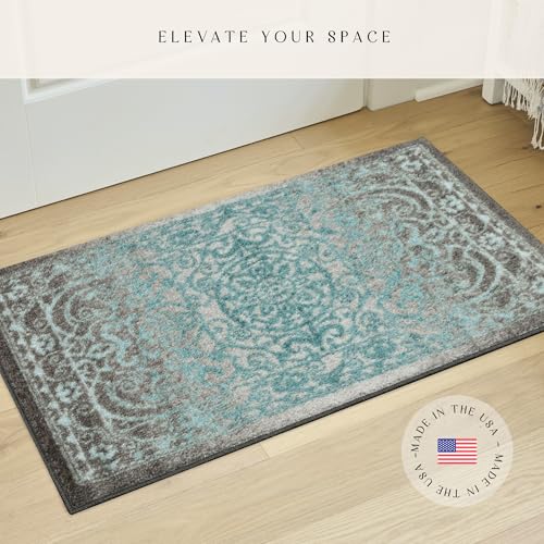 Maples Rugs Pelham Vintage Medallion Area Rugs - Made in USA - Washable, Non-Slip, Low Profile Indoor Rug for Entryway, Foyer, Kitchen, and Bathroom, 1'8 x 2'10, Blue/Grey - color: Grey/Blue, size: 1'8" x 2'10" (Rectangular)