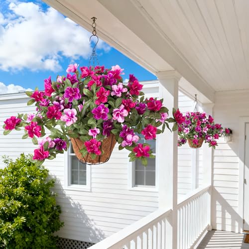 Ammyoo Artificial Hanging Flowers for Outdoors Hanging Baskets, 3 Pcs Fake Silk Flower with Hanging Baskets Planter for Spring Summer Garden Porch Patio Yard Outside Decor - color: X-purple-red Pink Lotus With Basket