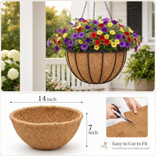 Y&M 2 Pack 14 Inch Round Hanging Basket Coco Liners, Natural Coconut Fiber Replacement Liners for Flower Planters, Coco Coir Pots, Outdoor Garden Plants - color: 2pcs 14in Round