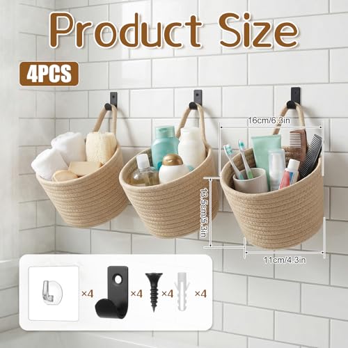 4 Pack Fabric Wall Hanging Baskets,Woven Storage Organizers Storage Organizers and Decoration Pocket Boho Style Wall Mounted Pouches for Organizing Fruits, Veggies, Snacks, Farmhouse