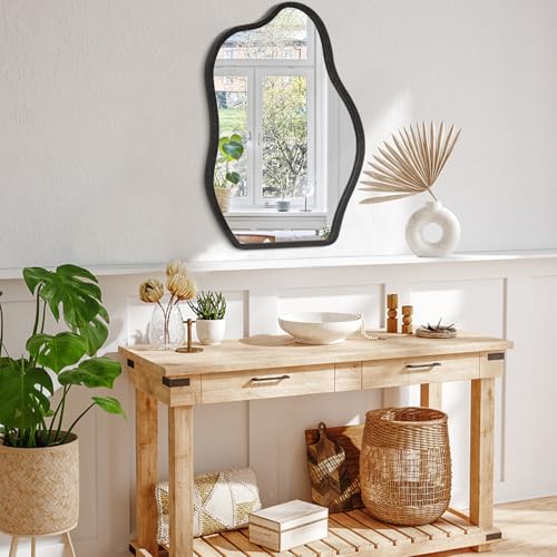 Asymmetrical Irregular Mirror for Wall Wooden Framed Hanging Wall Mirror Cloud Modern Unique Bathroom Wall Mirror Decorative Bedroom Living Room Entryway Hallway Artistic Hanging Mirror - color: Dark Golden, size: 26"L x 18"W