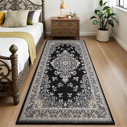 HOMORE Vintage Runner Rug-2x5 Hallway Runner Rug for Entryway Non Slip Washable Bedroom Rug Faux Wool Low Pile Floor Carpet Runner for Kitchen Indoor Front Entrance Laundry Living Room Dorm, Black - color: Black, size: 2' x 5' (Rectangular)