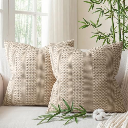 a moment 2 Pack Bamboo Fiber Pillow Covers - Waffle Weave, Ultra Soft & Breathable, Skin-Friendly Cotton Throw Pillow for Couch, Sofa, Bedroom Living Room 18x18 Inch Khaki - color: Khaki, size: 18" x 18" (Pack of 2)