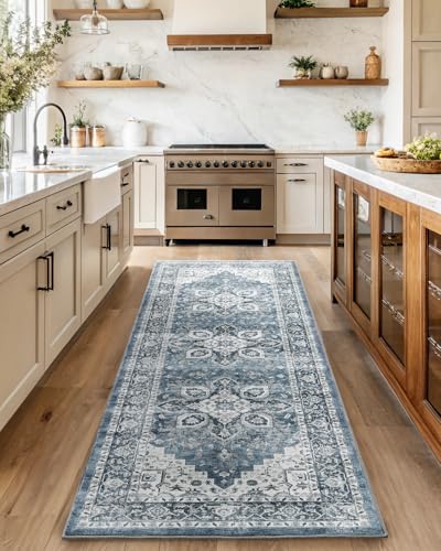 AMADA HOMEFURNISHING 2'6"x10' Washable Area Rug, Low-Profile Entryway Rug with Non-Slip Backing & Durable Edge Binding, Vintage Rug Pattern, Small Rugs for Entryway, Kitchen & Living Room - color: Blue, size: 2'6" x 10' (Runner)