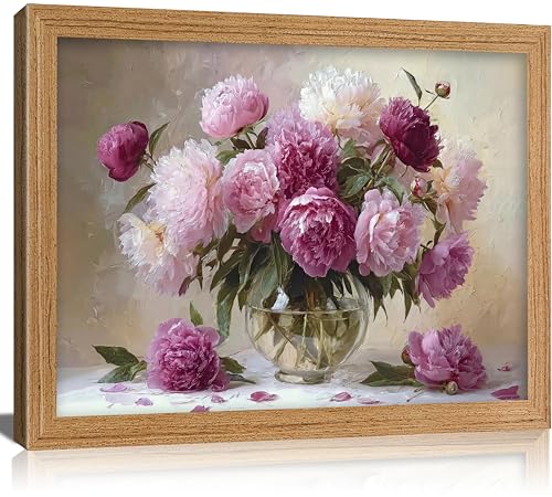 Framed Pink Peony Flower Wall Art, Oil Painting Style Floral Botanical Canvas Print Poster, Flowers Wall Decor for Living Room Bedroom, Rustic Home Decoration, - color: Peony flowers, size: 24"L x 16"W