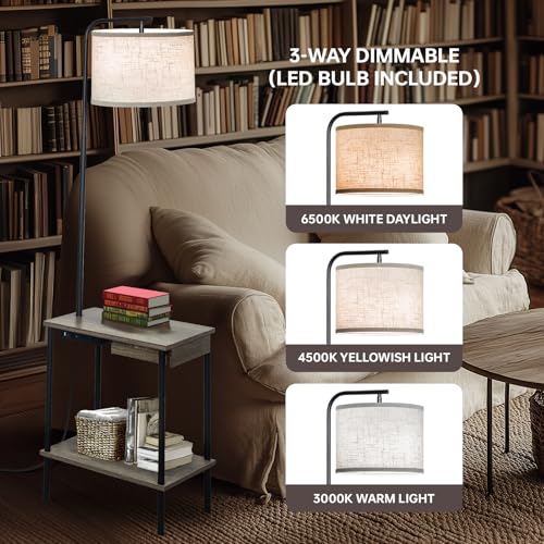 EOEYYOYB Floor Lamp with Table & Drawers, End Table Lamp with USB Charging Portt Power Outlet and Shelves, Side Table Reading Light with 3 Color Temperature Led Bulb Included for Living Room, Gray - color: Gray (with Drawer)