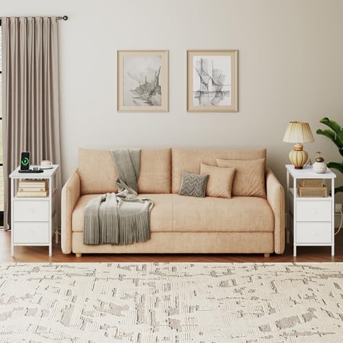 HOOBRO End Table with Charging Station, Narrow Side Table, Nightstand with 2 Non-Woven Drawers, Slim Sofa Side Table, for Small Spaces, Living Room, Bedroom, White WT486UBZ01 - color: White, size: 11.8"L x 18.9"W x 23.6"H
