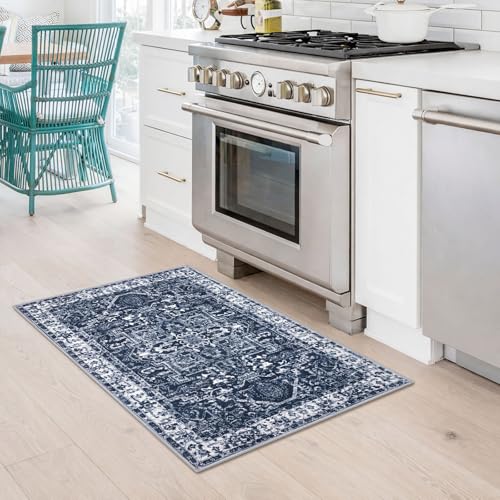 KOZYFLY Small Area Rug 2x3 Ft Rugs for Entryway Washable Boho Entry Rug Non Slip Door Mat Indoor Entrance Faux Wool Vintage Printed Kitchen Rug Throw Rugs for Entrance Kitchen, Navy/Grey - color: Navy Blue/Grey, size: 2' x 3' (Rectangular)